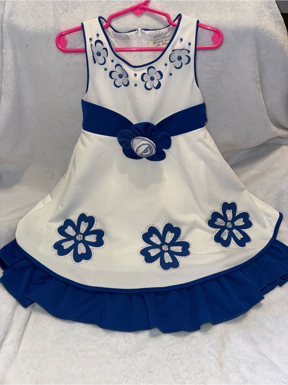 2/3T White & Royal Blue Floral Trim Girls' Dress